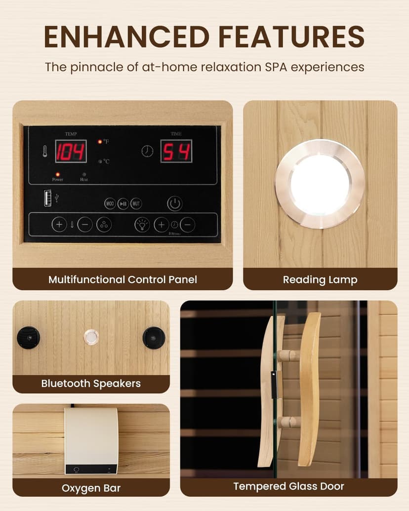 3300W 30A 110V Outdoor Wooden Low EMF Far Infrared Sauna with Bluetooth Speakers, LED Lamp, LCD Control Panel, Tempered Glass Door, 7 Colors Lighting 4 Person, 84.24"x66.6"x51.24"