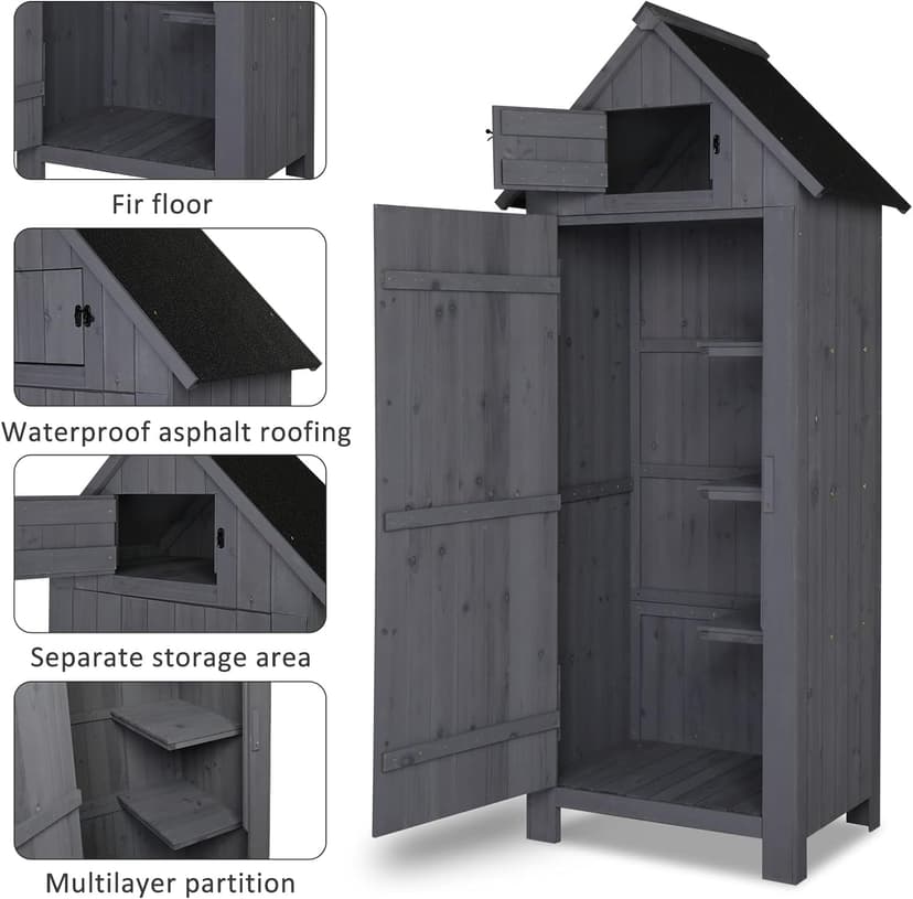 VINGLI Outdoor Wooden Storage Shed, Garden Shed Outside Tool Cabinet with Safety Latch, Patio Storage Organizer (Dark Grey)