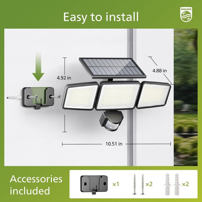 Philips Solar Security Light Outdoor 302 LED 1200lm，Solar-Powered Waterproof Wall-Mounted Flood Light w/PIR Motion Sensor, 3 Heads, IP65 Waterproof, 3 Modes (2 Packs)