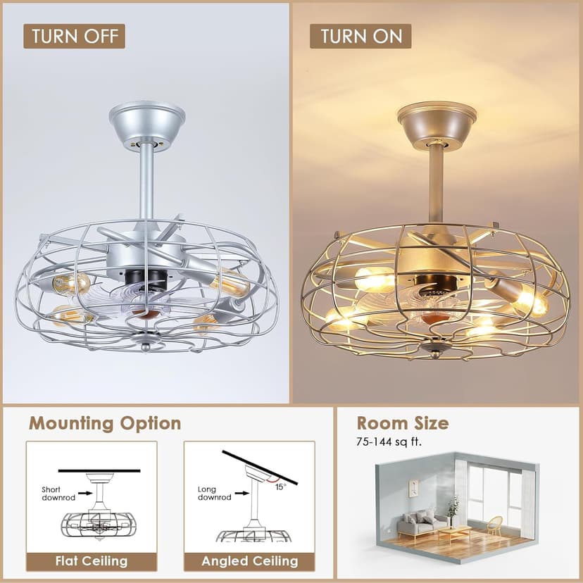 Asyko Outdoor Caged Ceiling Fans with Lights - Bladeless Low Profile Ceiling Fan Light with Remote, 19" Enclosed Ceiling Fan for Covered Outdoor