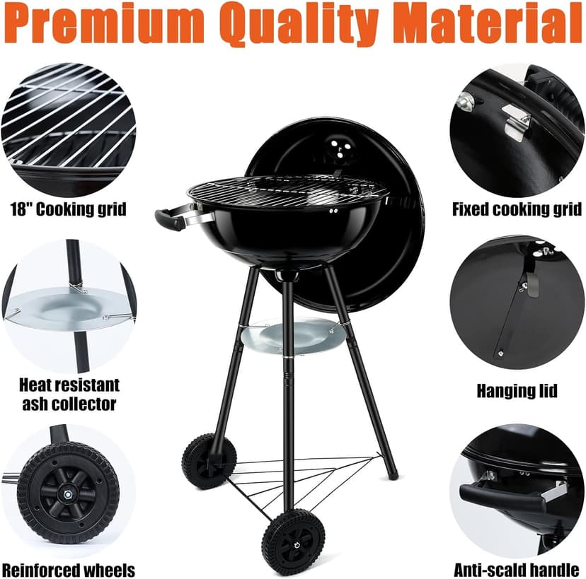 18 Inch Kettle Charcoal Grill, Leonyo Outdoor Barbecue Kettle Grill, Portable Round Smoker with Wheels, Porcelain-Enameled Lid & Fire Bowl, Perfect for Camping/Backyard/Tabletop Cooking/BBQ Party