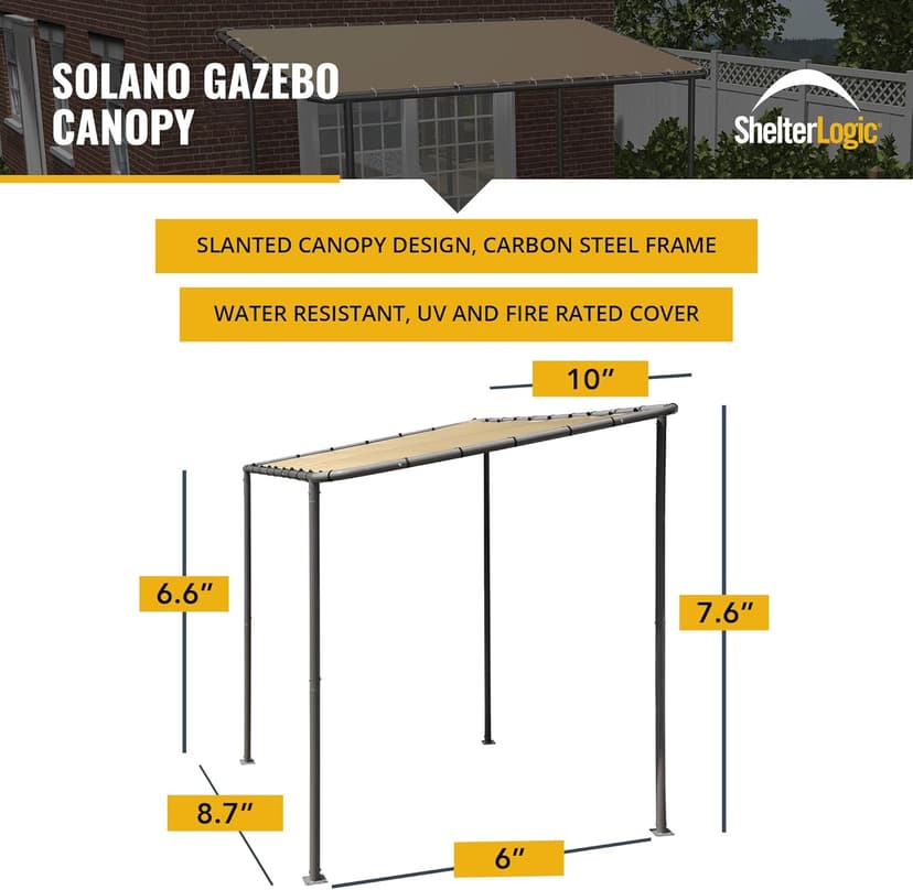 ShelterLogic 10' x 6' Solano Gazebo Canopy Charcoal Carbon Steel Frame and Marzipan Water-Resistant and Sun Protection Tan Cover