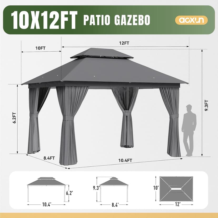 AOXUN Outdoor Gazebo for Patio 10x12, Metal Frame Canopy with Double Roofs, Heavy Duty Party Tent and Shelter with Mosquito Netting and Privacy Screen for Backyard, Lawn, Garden,Deck (Gray)