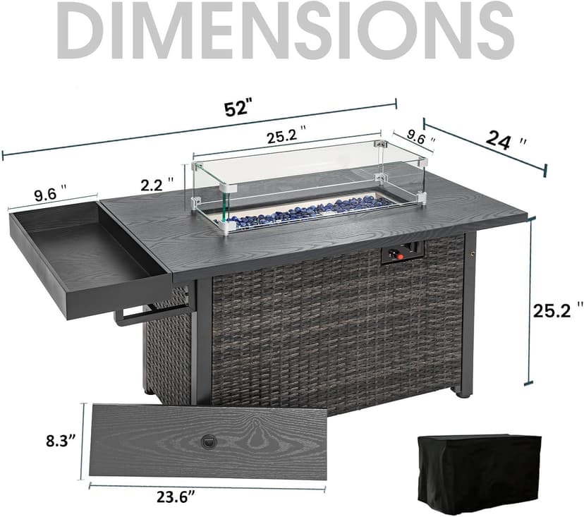 Sundale Outdoor 52 Inch Outdoor Fire Pit Table, 50000 BTU Propane Fire Pits with Storage Shelf, Glass Wind Guard and Lid, Wicker Patio Gas Fire Pit for Outside Patio and Garden, CSA-Listed(Grey)