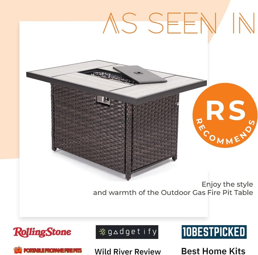 Grand Patio Outdoor 43-Inch CSA Safety Approved Gas Fire Pit Table 50000 BTU Rectangle Propane Fire Pit with Ceramic Tile Top and Wicker Base