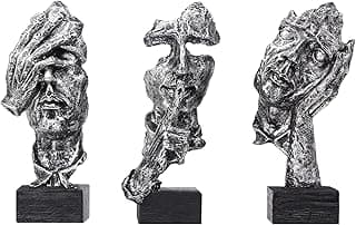 aboxoo 3Pcs Thinker Statue,Silence is Gold Abstract Art Figurine,No Hear No See No Speak Modern Home Resin Sculptures Decorative Objects Modern Decor for Creative Room Home,Office Study (Large Sliver)