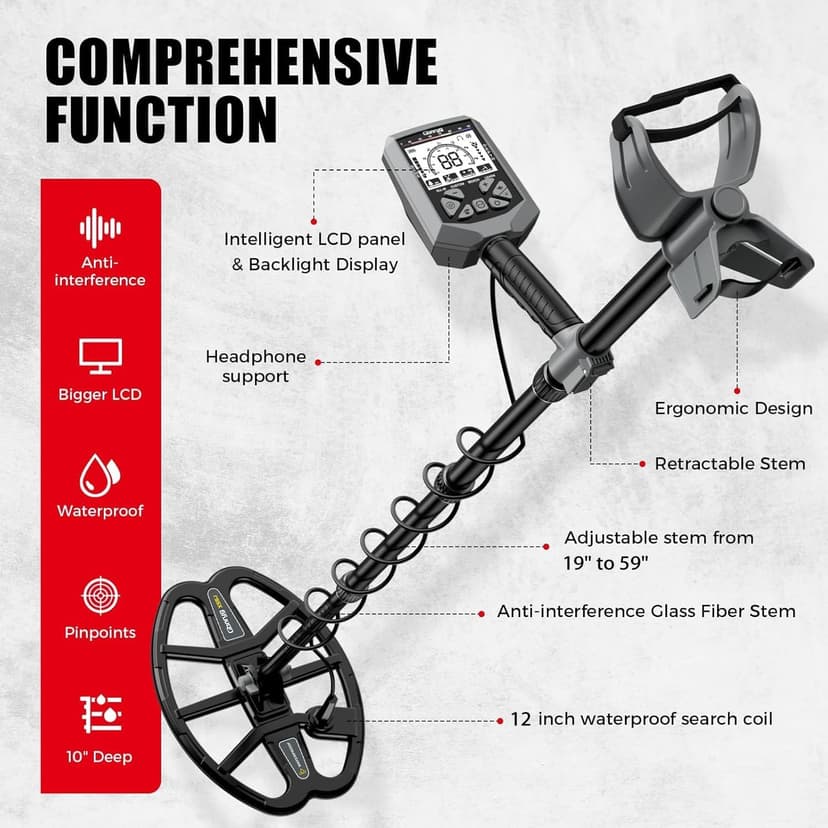 Metal Detector for Adults,12″ IP68 Waterproof Search Coil with High Accuracy System,Advanced DSP Chip Technology,5 Modes with LCD Backlit Display for Beach Hunting&Jewelry Finding