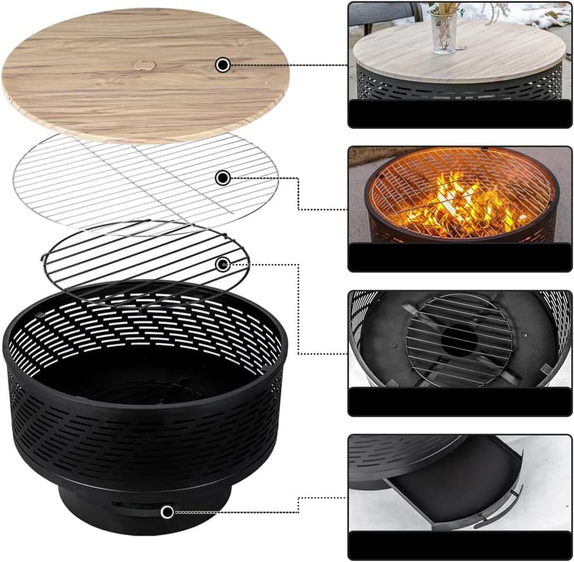 26" Wood Burning Fire Pits with Grill & Lid, Fire Pit Table for Outside with Waterproof Cover & Fire Poker, Outdoor Firepit with Functions for BBQ,Table and Bonfire