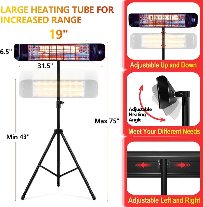 Paraheeter Electric Outdoor Heater, Infrared Patio Heater for Outdoor/Indoor Use, Wall Mounted/Ceiling/Tripod Infrared Heater Outdoor, 1500W Electric Patio Heater, CSA certificate.
