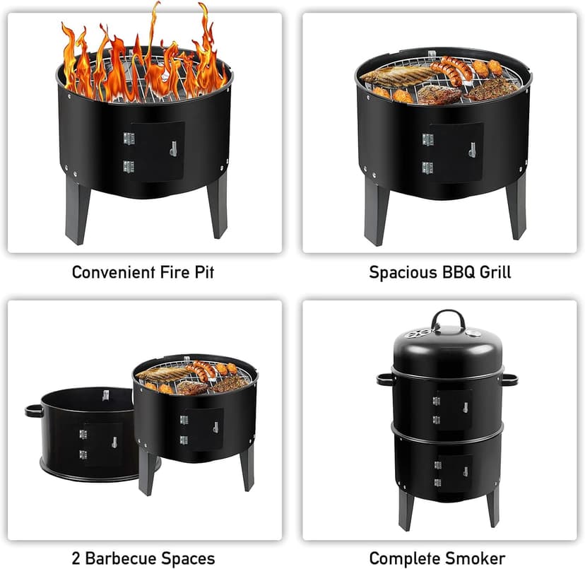 ZXMT 17 Inch Vertical Multi-Layer Steel Charcoal Smoker, Heavy Duty Round Charcoal BBQ Grill for Outdoor Smoking Grill with Thermometer Outdoor Home Party