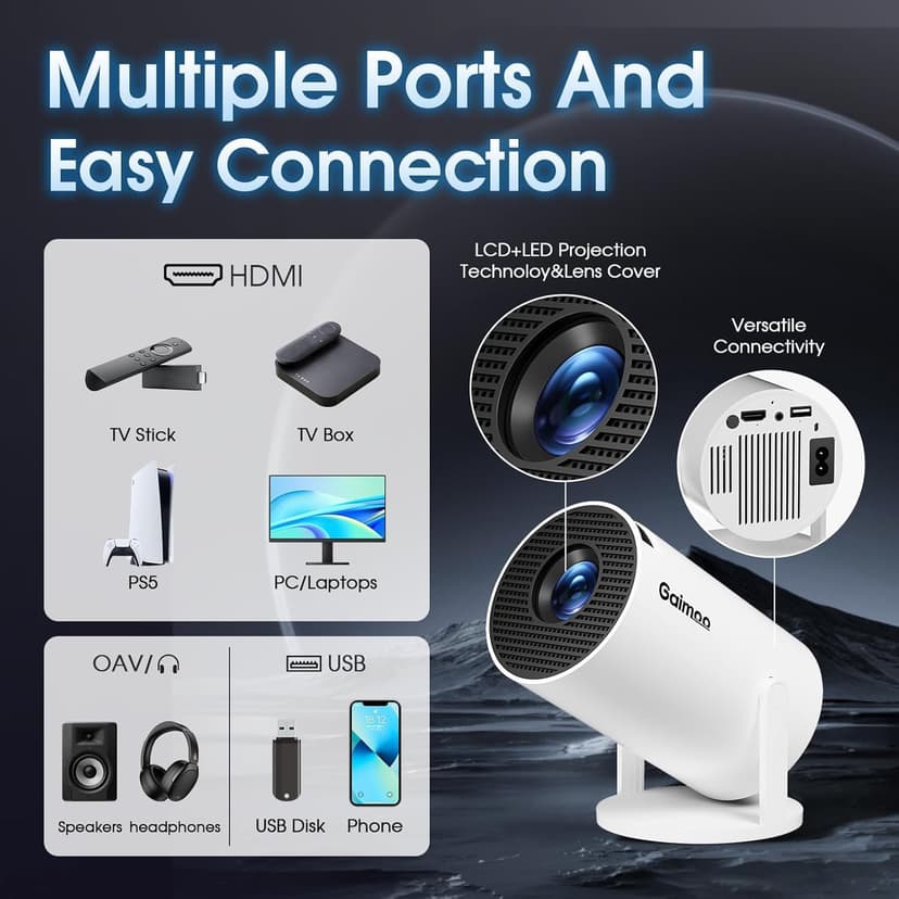 [Built-in App] Mini Projector 2025 Upgraded 1080P FHD 4K Support Projector with Mouse Portable Projector with WiFi and Bluetooth Auto Keystone HDMI/TV Stick/PS5/Laptop, with HDMI Cable & Mouse
