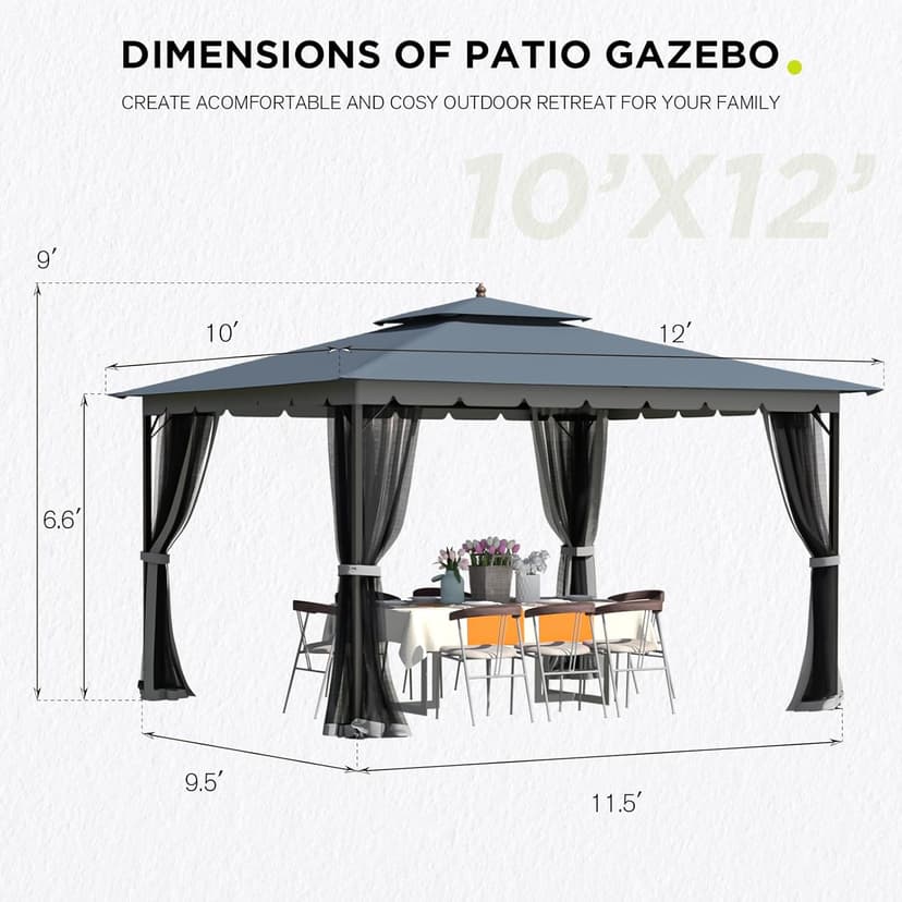 [Upgraded] 10x12 Gazebo with Mosquito Netting,Sturdy Metal Outdoor Patio Gazebo[Heavy Duty Frame],Gazebos Canopy Tent with Dual Air Roof,Patio Canopy Gazebos,Wind Resistant/Waterproof for Deck