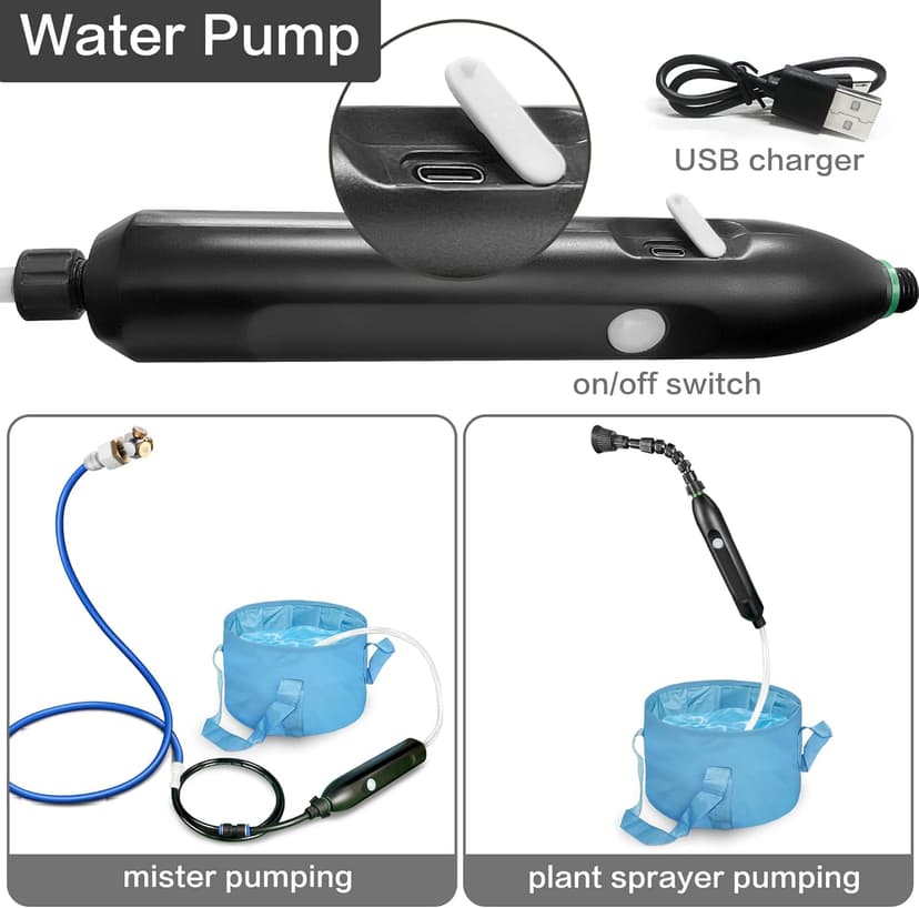 Portable Misting System with Water Pump, Plant Sprayer & Garden Hose Mister 3-in-1, No Faucet Required Misters for Outside Patio Beach Camping Golf Cart Boat, Smart Misting Cooling System