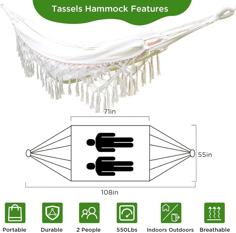 Boho Hammock Macrame Hammock with Elegant Tassels for Patio, Yard, Beach Wedding Decor, Outdoor and Indoor, Gift for studens, Gifts for Girl,. Gift for Women