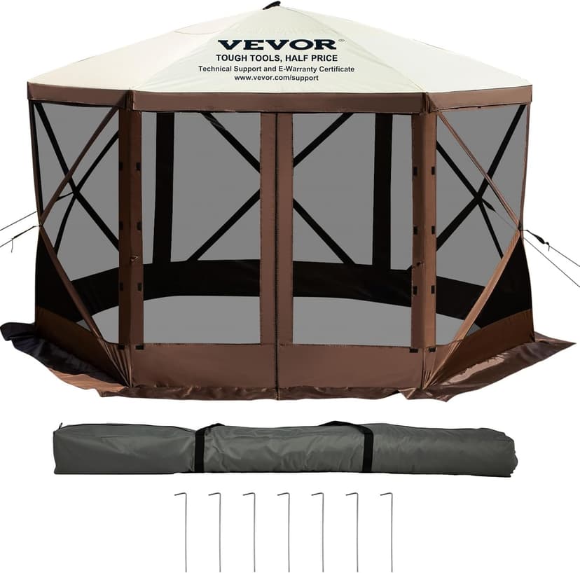 VEVOR Pop Up Gazebo Screen Tent, Pop-Up Instant Gazebo Tent with Mosquito Netting Outdoor Canopy, 6 Sided Sun Shelter 10x10ft with 6 Removable Wind Cloths & 2 Mesh Windows, Pavilion Tent for Patio