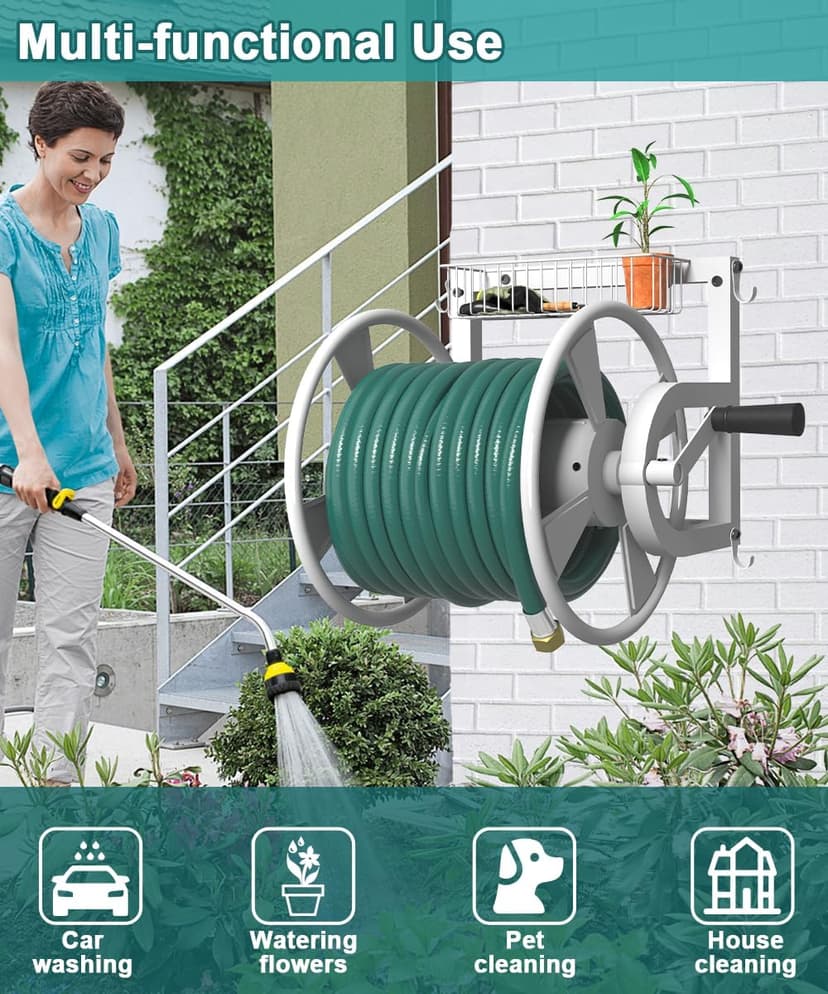 Outdoor Wall Mounted Hose Reel with Hook, Garden Heavy-Duty Water Hose Holder Winder with 3.9 ft Leader Hose, Brass Fitting and Storage Basket for Yard, Holds 125 Ft of 5/8-Inch Hose, White