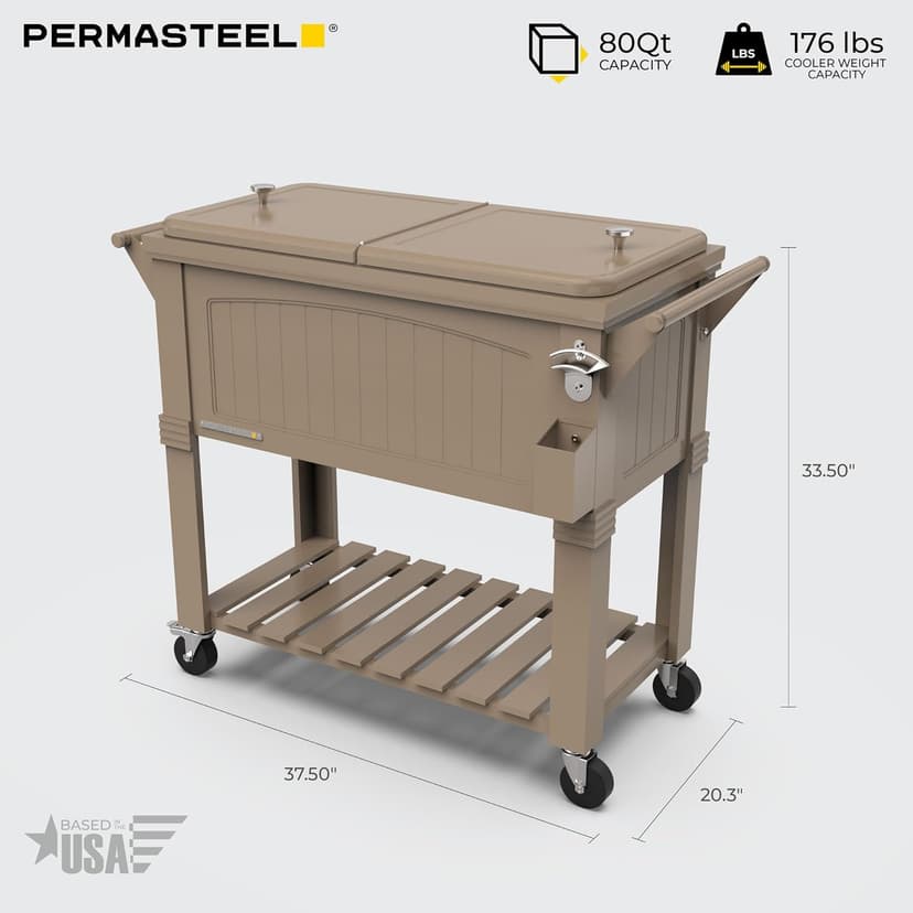 Permasteel 80-Qt Rolling Patio Cooler with Storage Shelf, Large Beverage Cart for Outdoor Entertaining, Backyard, Deck & Parties, Antique Teak Style, Taupe + Bonus Cover