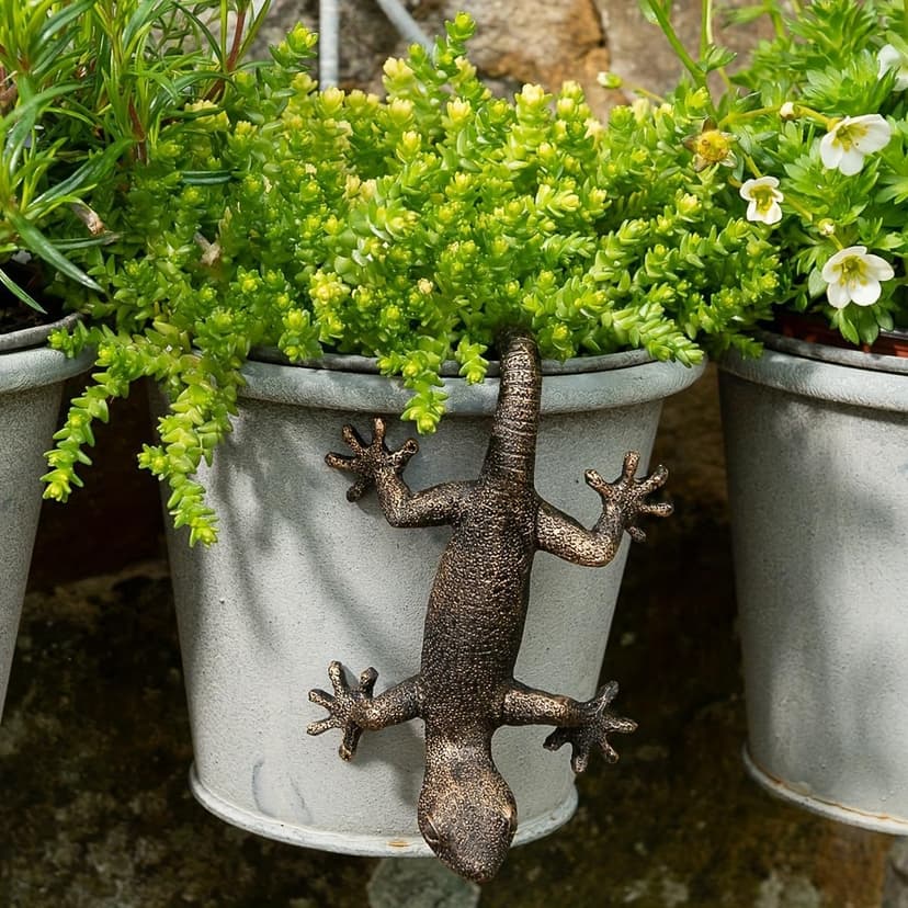 Vintage Bronze Gecko Planter Pot Hugger Flower Figurine – Resin Climbing Lizard Statue for Garden, Fairy Garden Terrarium, Outdoor Fence & Yard Decor，Versatile Home & Office Decor