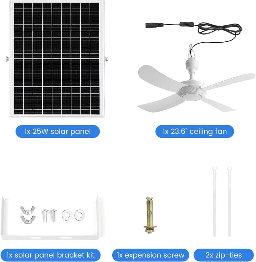 23.6'' Solar Ceiling Fan, 25W Solar Powered Hanging Fans for Outdoor Gazebo, Chicken Coop, Greenhouse, Shed, Dog House, 19.7 Ft Long Cord with On/Off Button