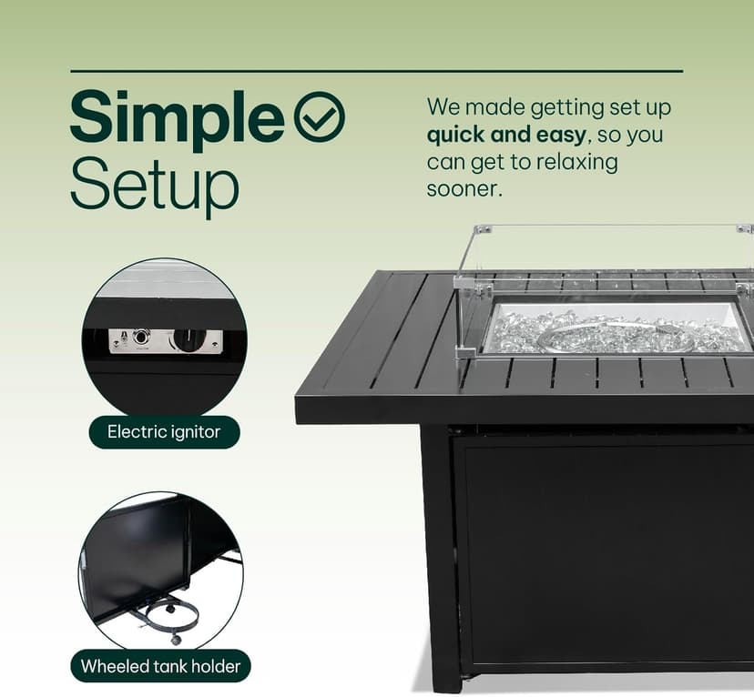 42-Inch Square Propane Gas Fire Pit Table: 50,000 BTU Aluminum Slat Top w/Lid, Stainless Steel Burner, Windguard, 8KG Glass Beads, 300D PVC Cover, CSA-Listed