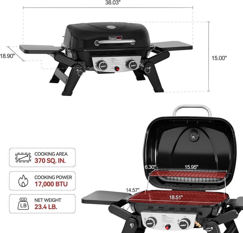 Royal Gourmet GT2005 2-Burner Portable Propane Gas Grill with Foldable Side Tables & Foldable Support Legs, Tabletop Gas Grill with Warming Rack for for Outdoor Cooking & Grilling, Black