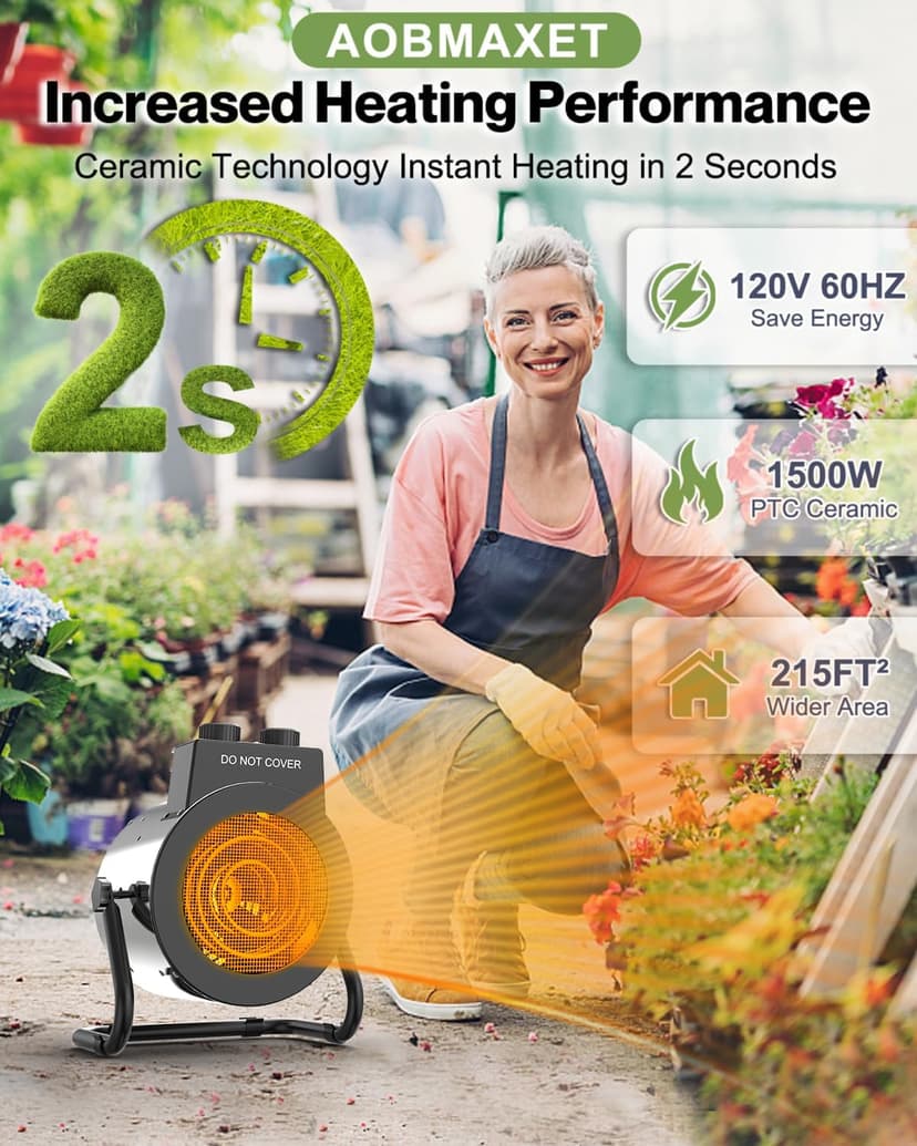 Electric Greenhouse Heater with Thermostat - 1500W Stainless Steel Outdoor Fan Heater, Overheat Protection and 3S Fast Heating,Green House Heating for Greenhouse, Patio, Garage, Flower Room