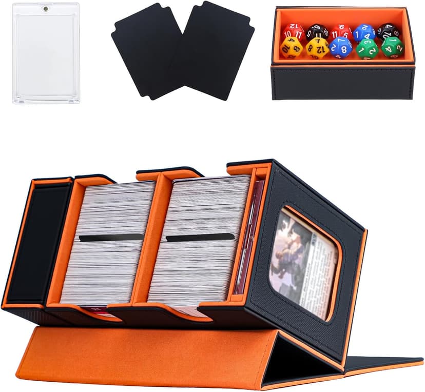 Commander Deck Box for MTG, Card Deck Box with Dice Tray and Display Window, Fits 200+ Double-Sleeved Cards, Magnetic Leather Trading Card Storage Case for Magic Game Cards (Black & Orange)