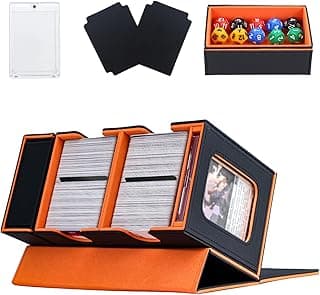 Commander Deck Box for MTG, Card Deck Box with Dice Tray and Display Window, Fits 200+ Double-Sleeved Cards, Magnetic Leather Trading Card Storage Case for Magic Game Cards (Black & Orange)
