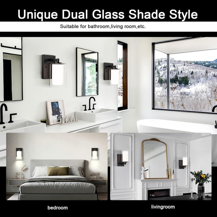 Wall Sconces Set of 2 Modern Vanity Lights with Double Clear Glass Shade Matte Black Indoor Farmhouse Wall Lights for Bathroom Living Room Bedroom Hallway Bulb E26 Base (Bulbs Not Included)
