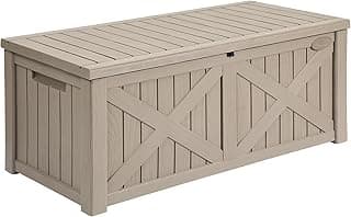 YITAHOME 120 Gallon Large Deck Box, Upgraded Resin Outdoor Storage Boxes w/Flexible Divider, Waterproof Cushion Storage Bench for Patio Furniture, Pool Supplies, Garden Tools - Lockable, Light Brown