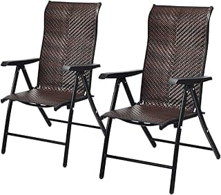 Tangkula 2 Piece Patio Rattan Folding Reclining Chair, Outdoor Wicker Portable Camping Chair with Widened Armrest, Foldable Chair with Adjustable High Backrest for Garden Balcony Outdoor & Indoor (2)