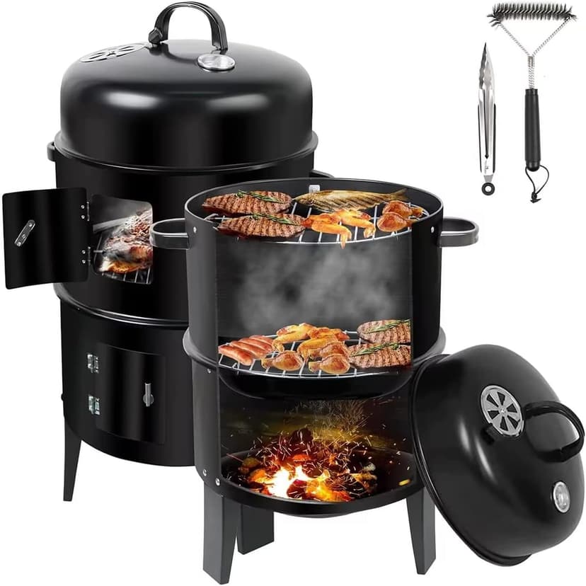ZXMT 17 Inch Vertical Multi-Layer Steel Charcoal Smoker, Heavy Duty Round Charcoal BBQ Grill for Outdoor Smoking Grill with Thermometer Outdoor Home Party