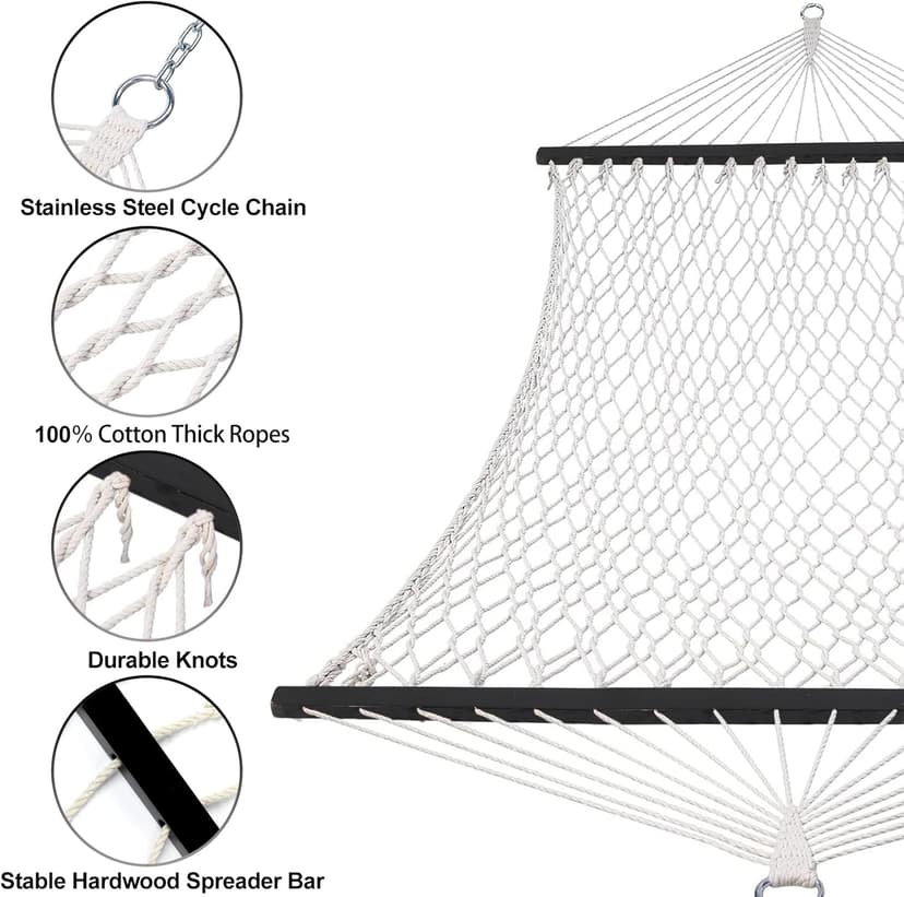 SZHLUX Double Rope Hammocks, Traditional Hand Woven Cotton Hammock with Hardwood Spreader Bar and Carrying Case for Outdoor, Indoor for Two Person, 450lb Weight Capacity