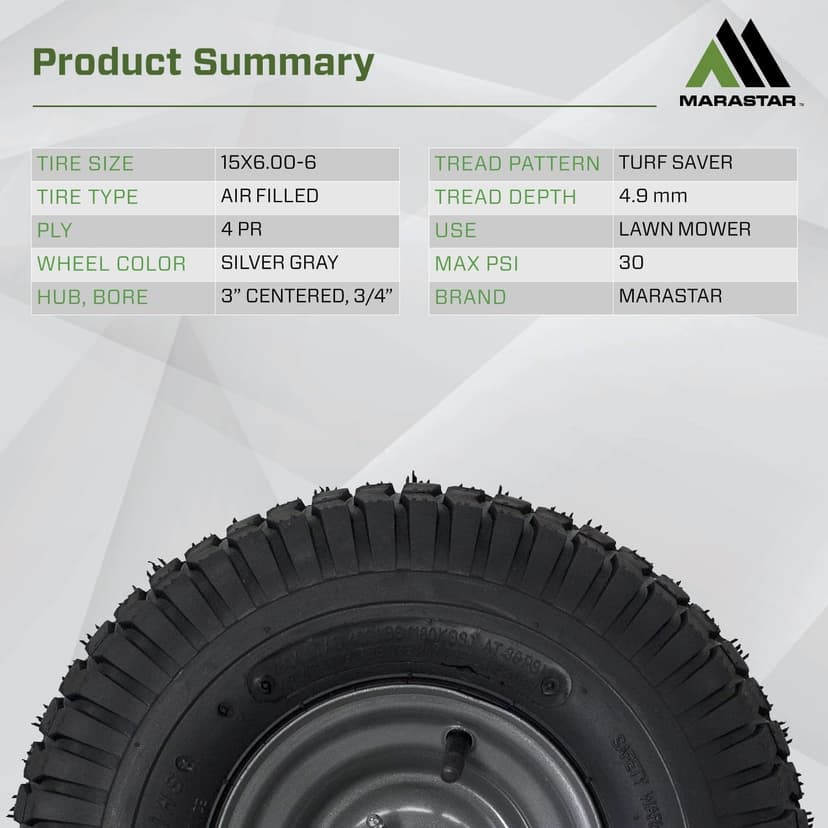 MARASTAR 21446-2PK 15x6.00-6 Tire and Wheel Assembly, Pneumatic Replacement Lawn Mower Front Tires Compatible with Craftsman Riding Lawn Mowers, 2 Pack, Easy Install Assembly