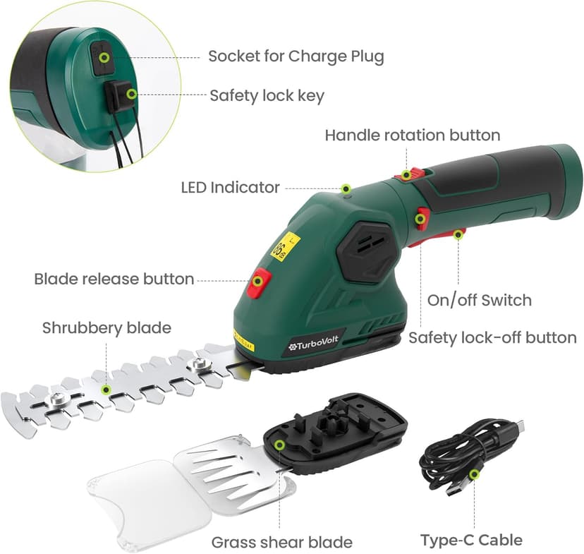 Hedge Trimmer, Cordless Grass Shear & Electric Shrub Trimmer - 2 in 1 Handheld Grass Cutter, Hedge Shear for Garden, Lawn, Rechargeable Lithium-Ion Battery and Type-C Cable Included