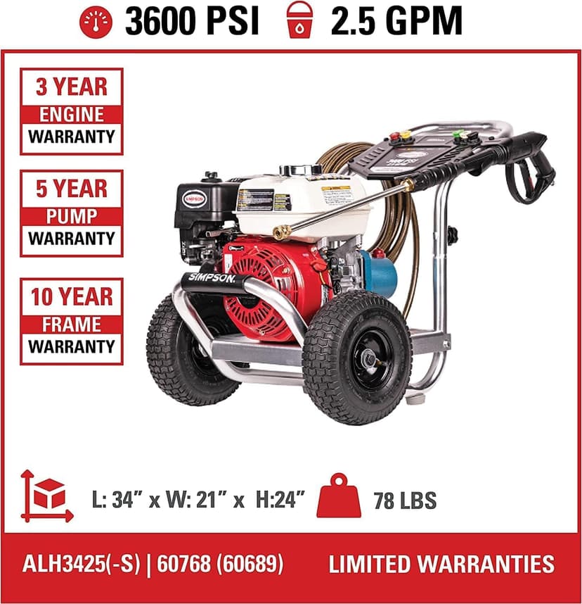 SIMPSON Cleaning ALH3425 Aluminum Series 3600 PSI Gas Pressure Washer, 2.5 GPM, Honda GX200 Engine, Includes Spray Gun and Extension Wand, 5 QC Nozzle Tips, 5/16-inch x 35-foot MorFlex Hose, 49-State
