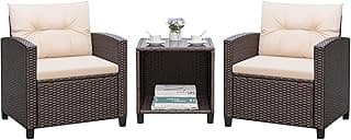 Greesum 3 Pieces Patio Furniture Sets Outdoor PE Rattan Wicker Chairs with Soft Cushion and Glass Coffee Table for Garden Backyard Porch Poolside, Beige