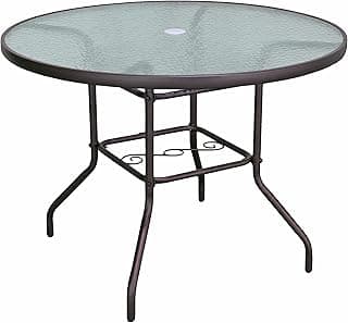 Garden Elements Outdoor Patio Furniture, Round Dining Table, Steel Base and Rim with Waterwave Glass Top, Brown, 40"