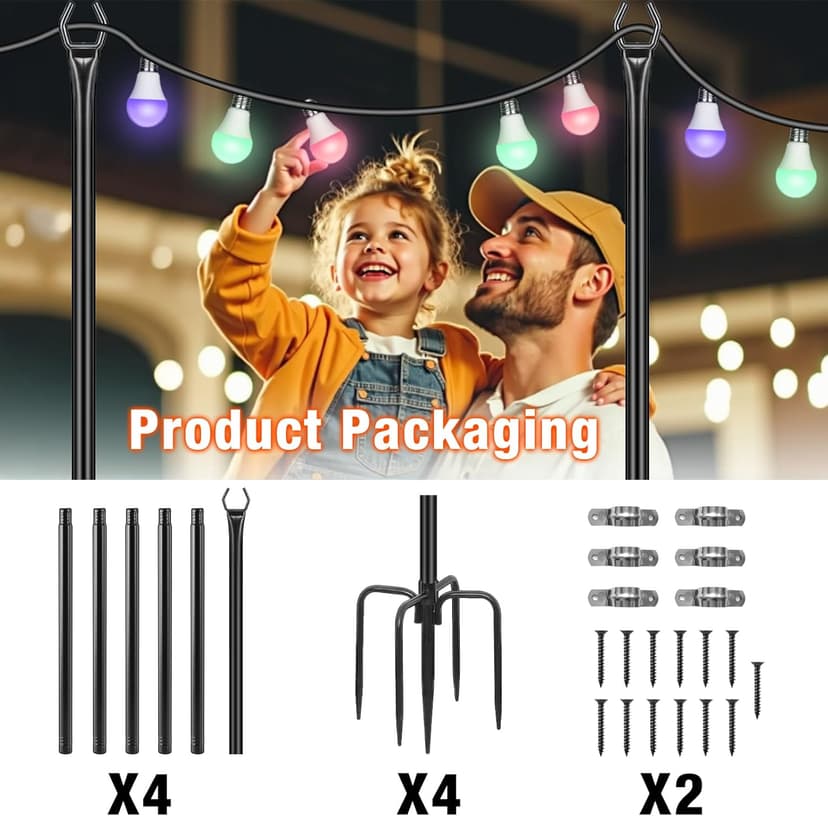 String Light Poles 4 Pack,10FT Metal String Light Poles for Outside, Adjustable Outdoor Poles for Patio, Deck, Garden, Wedding, Backyard, Christmas Party Decor, Sturdy with Hooks(Bulb Not Included)