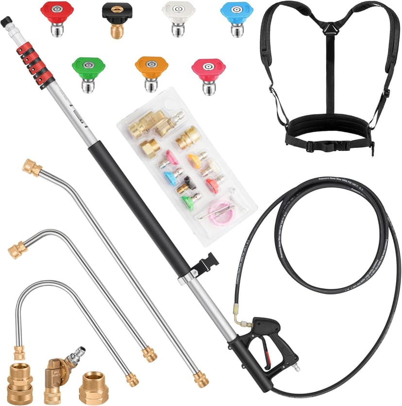 24 FT Gutter Cleaning Tools from The Ground - Telescoping Pressure Washer Wand - Gutter Cleaner Attachment with Power Washer Extension Wands, 7 Spray Nozzle Tips, 2 Hose Adapters and Support Belt