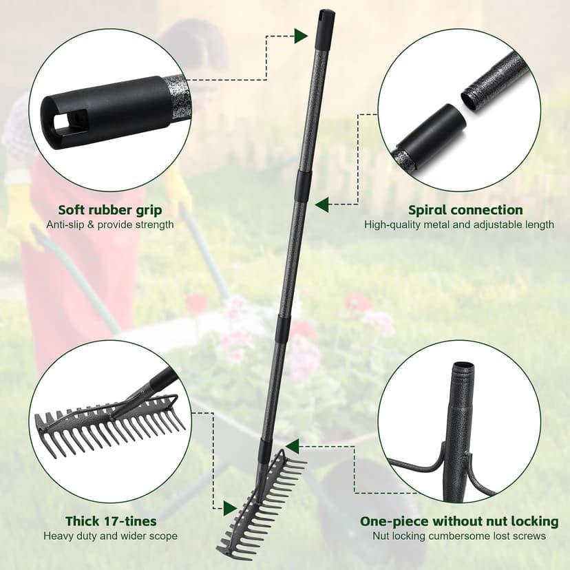 63'' Bow Rake ，17 Tines Metal Head Rakes with Stainless Steel Handle，Heavy Duty Garden Rake for Loosening Soil Gathering Leaf Leveling Lawn Farming Land Management Yarn Thatch Rake