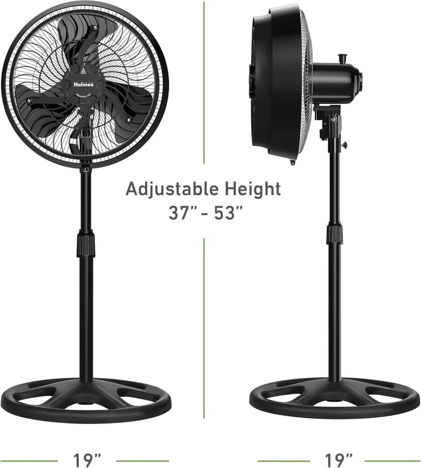 HOLMES 16" Outdoor Misting Stand Fan, Hose Connection, 3 Speeds, 3 Micro-Mist Levels, 80° Oscillation, Adjustable Height, 25° Head Tilt, GFCI Plug, Black