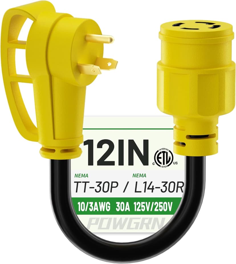 30 Amp to 30 Amp RV Generator Adapter Cord 1FT(12 Inch), NEMA TT-30 Male Plug to NEMA L14-30 Female Plug, 3 Prong Heavy Duty Power Cord, 10 Gauge STW, 30A 125V/250V, Black-Yellow, ETL Listed
