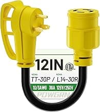 30 Amp to 30 Amp RV Generator Adapter Cord 1FT(12 Inch), NEMA TT-30 Male Plug to NEMA L14-30 Female Plug, 3 Prong Heavy Duty Power Cord, 10 Gauge STW, 30A 125V/250V, Black-Yellow, ETL Listed