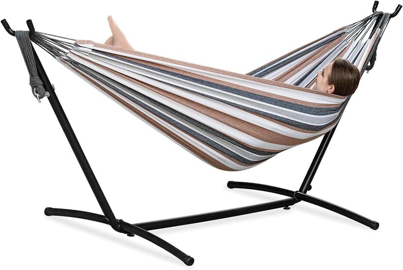 PNAEUT Double Hammock with Space Saving Steel Stand Included 2 Person Heavy Duty Outside Garden Yard Outdoor 450lb Capacity 2 People Standing Hammocks and Portable Carrying Bag (Coffee)