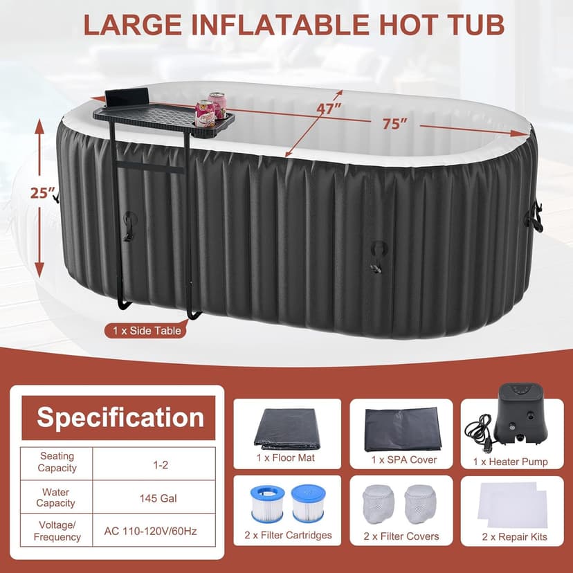LILYPELLE 1-2 Person Inflatable Hot Tub, Portable Oval Blow Up Hot Tub with 100 Bubble Jets, Outdoor Spa Set Included Heater Pump, Filter and Side Table, 75" X 47" X 25"
