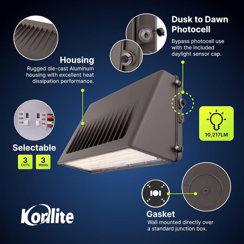 90W/63W/45W Full-Cutoff LED Wall Pack Lights, Selectable Wattage & CCT (5000K/4000K/3000K), LED Wall Light, Energy Efficient, Durable, Outdoor Commercial Wall Pack Light, 14,900LM