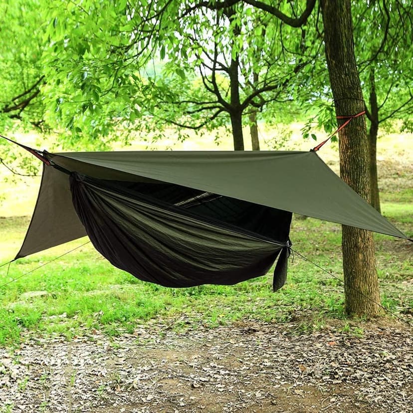 Camping Hammock with Rain Fly Tarp and Mosquito Net with Tree Straps，1/2 Person Portable Hammocks with Rain Cover for Indoor Outdoor Backpacking Hiking Travel Yard Activities Green