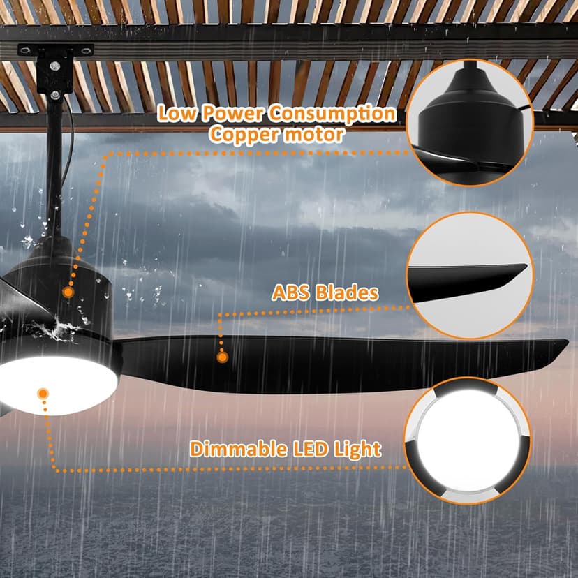 Depuley Outdoor Ceiling Fan with Light: 52 Inch Gazebo Fan Outdoor Hanging - Plug in Ceiling Fan for Patio Waterproof - Dimmable Ceiling Fan Remote App Control Black