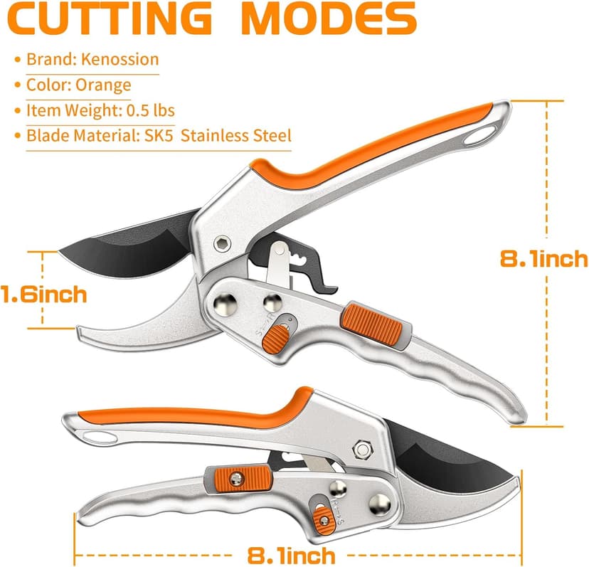 Pruning Shears, Kenossion Gardening Tools - Garden Shears with Ratchet Anvil, Professional Pruners for Gardening, Garden Clippers/Pruning Scissors with Stainless Steel Blades & Non-slip Handle